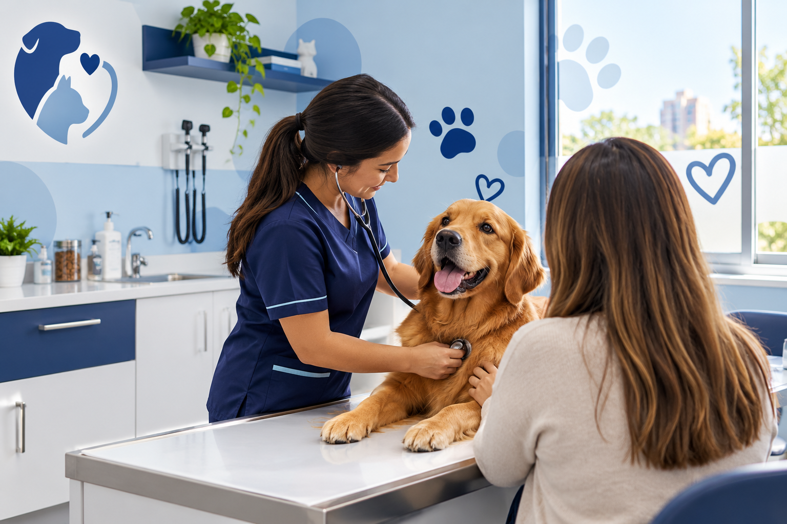 Escena ilustrativa generada con IA de una consulta veterinaria con un perro