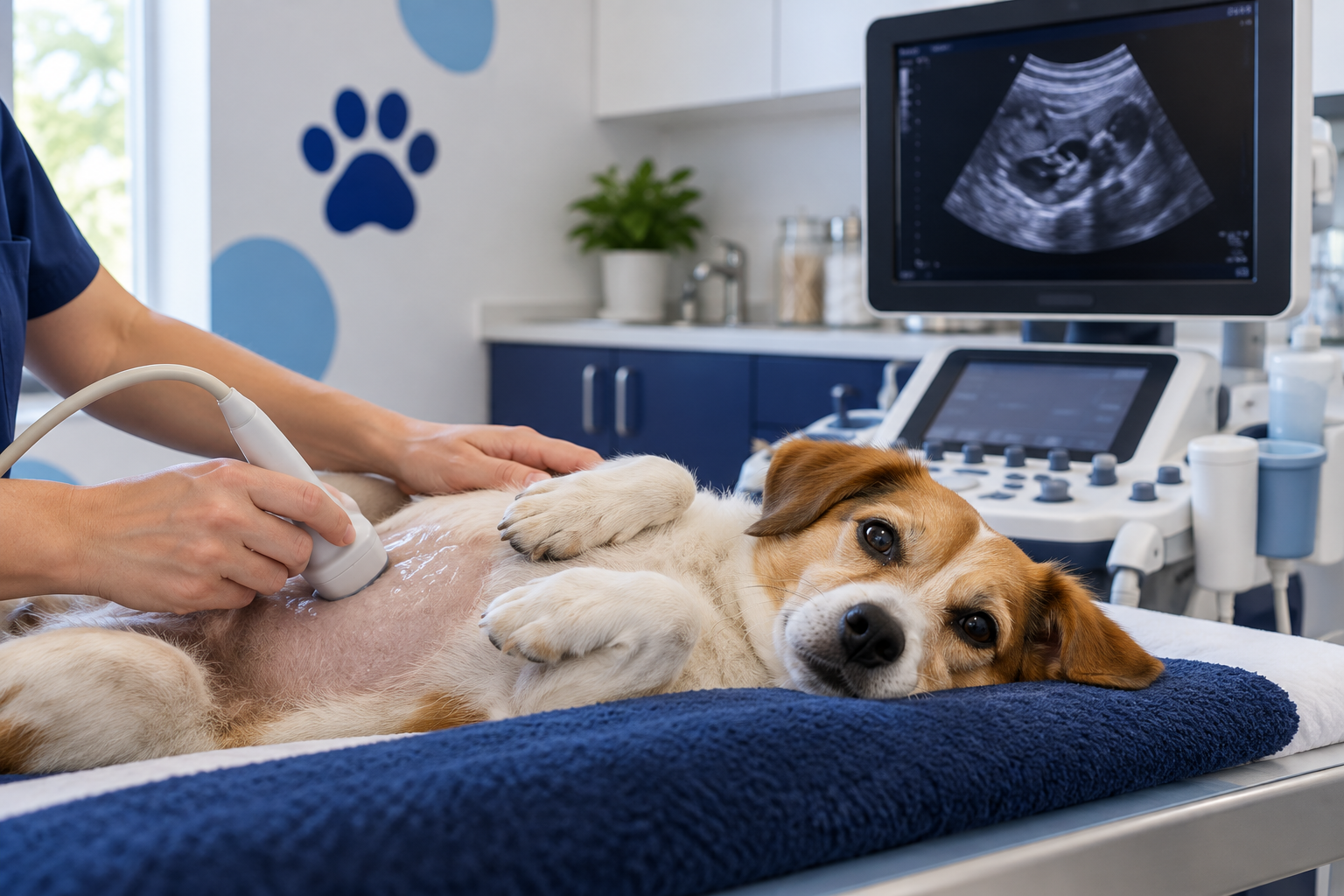 Perro durante una ecografía veterinaria, escena generada con IA