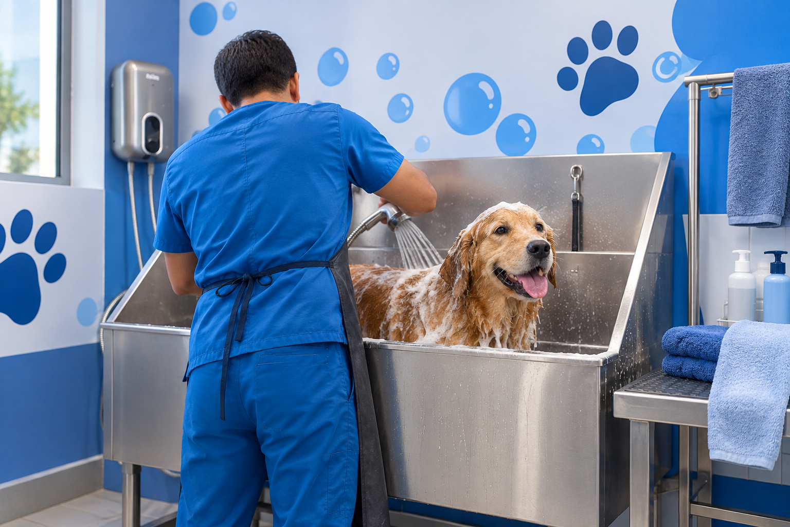 Perro en una bañera de peluquería canina, escena generada con IA