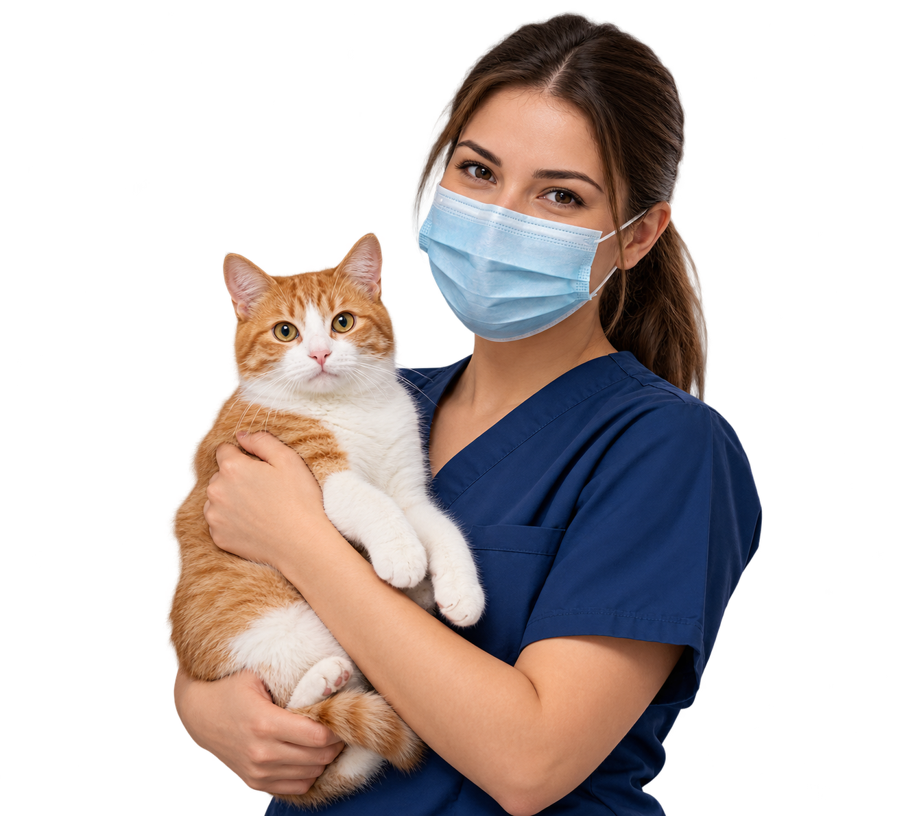Escena ilustrativa generada con IA: profesional veterinaria con un gato